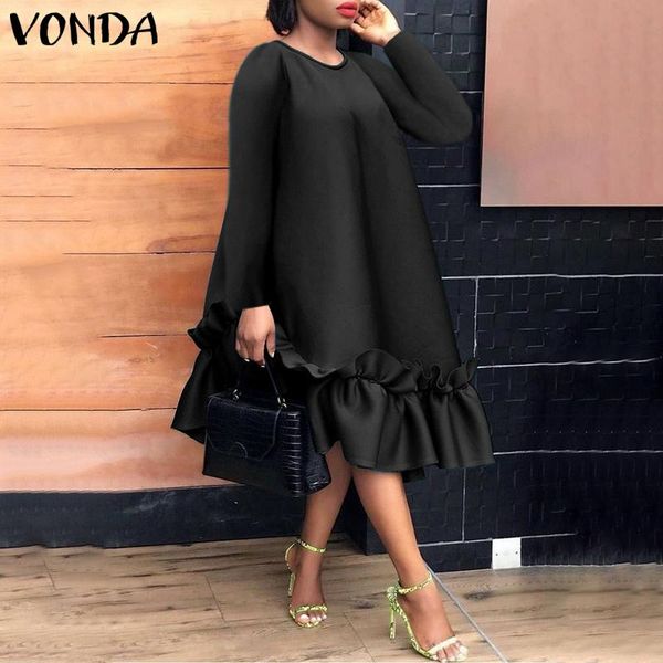 

dresses plus size women dress 2022 vonda casual solid color dresses vintage sundress long sleeve ruffled vestido robe femme, Black