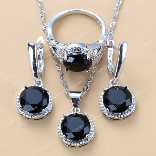

2022 sell well wedding 925 mark jewelry sets black zircon dangle earrings and necklace ring 3 piece set women trendy costume fashion jewelry, Silver