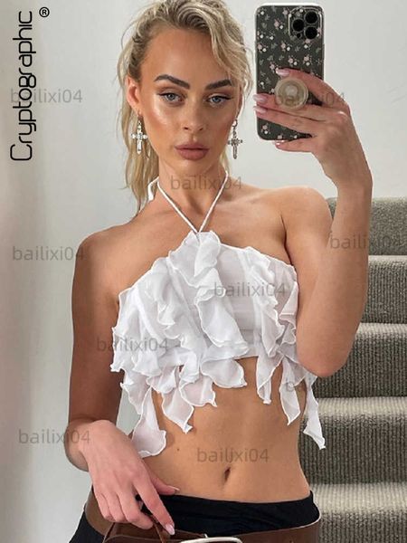 

women's tanks camis cryptographic fashion mesh sheer halter crop for women club party backless summer y2k ruffle streetwear clothes t, White