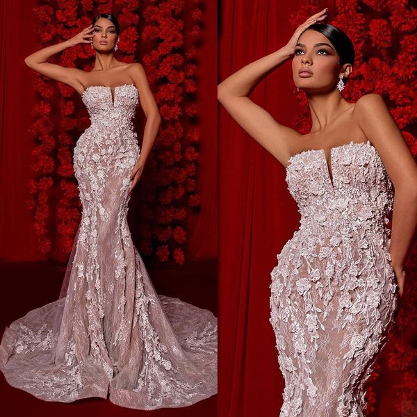 

strapless lace mermaid wedding dresses elegant floor length sleeveless bridal gowns custom made illusion dress vestido de novia, White