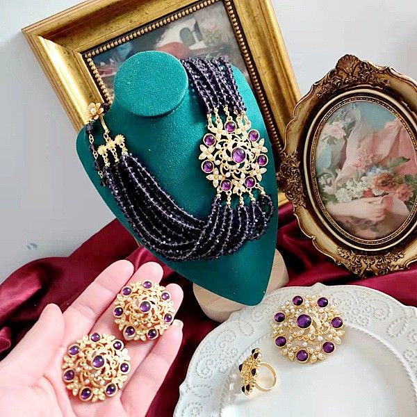 

pendant necklace gold retro luxury purple crystal necklace multi-layer jelly glass brooch ring earrings, Silver