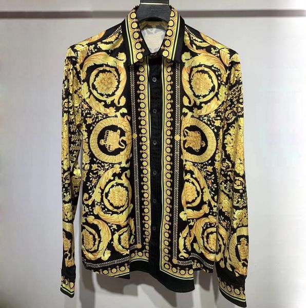 

men casual shirts black gold floral print slim fit shirt fashion designer work business hawaii style long sleeved shirt, White;black