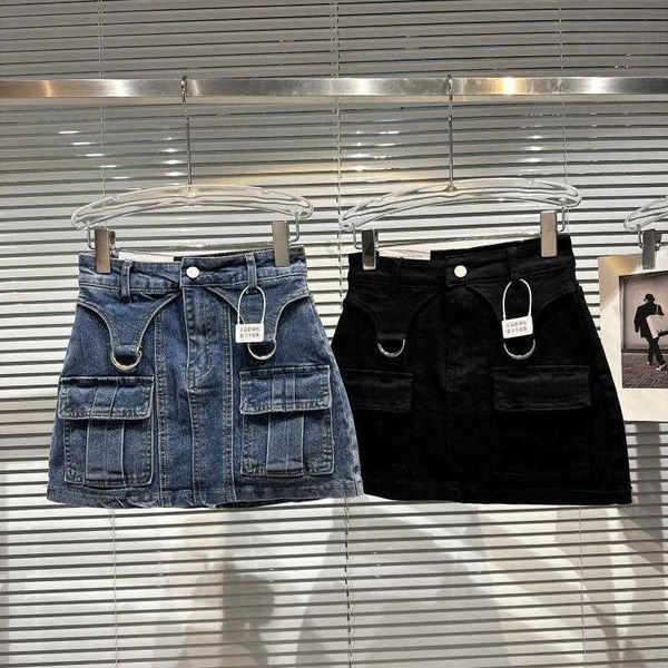 

skirts prepomp 2023 primavera chegada nova cintura alta bolsos duplos magro bodycon saia jeans curto feminino gh191 j230417, Black