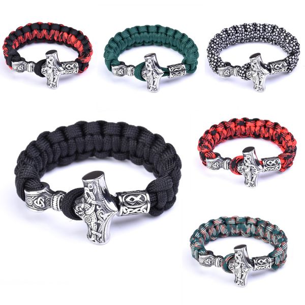 

ancient norse viking hammer charm bracelets paracord amulet runes beads hand made rope wrap scandinavian bracelet men gift, Golden;silver