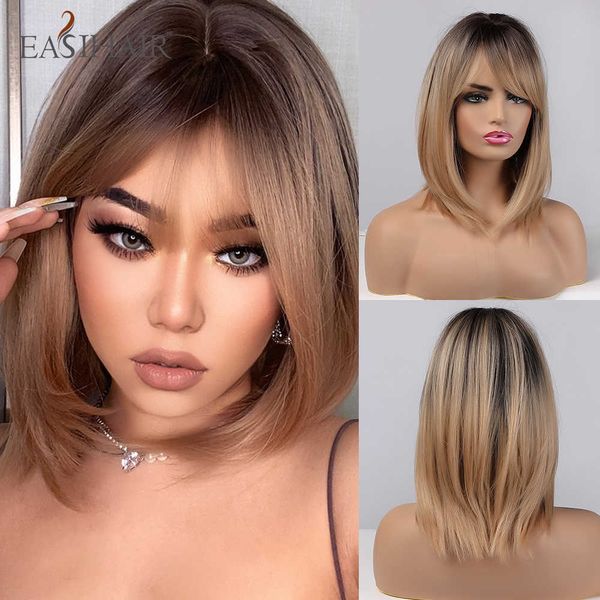 

synthetic wigs easihair brown blonde ombre wigs for women synthetic hair natural layered with side bangs heat resistant wig 230227, Black