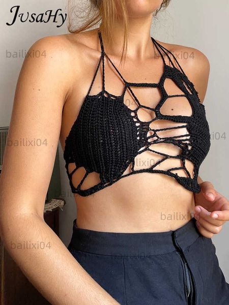 

women's tanks camis jusahy new knitting halter lace up camisole solid backless high street hollow chest short vintage indie folk cloth, White