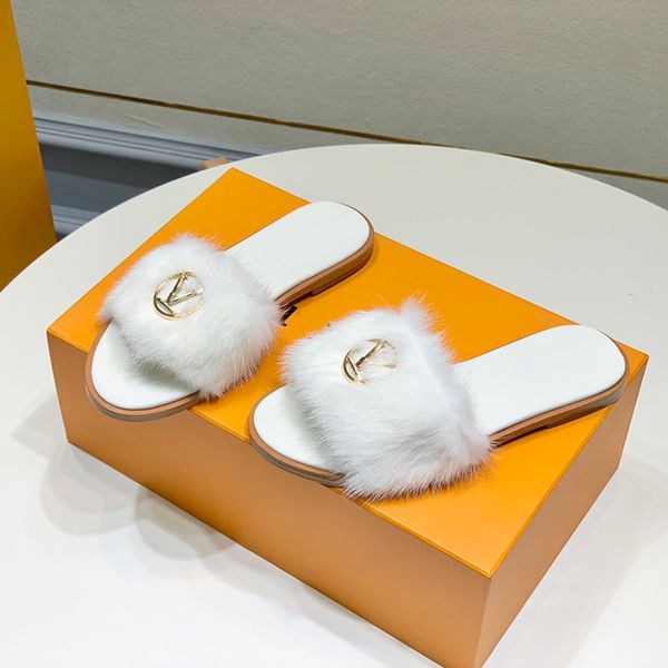 

designer womens flat slippers mink fur flat sandals leather outsole super soft comfortable women shoes hardware metal buckle brand women sho, Black