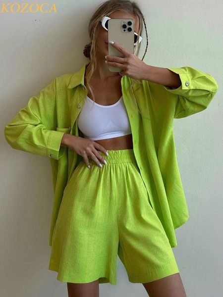 

women's tracksuits summer two piece set women shorts suit green lapel long sleeve shirts sets female elegant casual high waist pants la, Gray