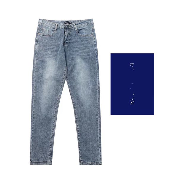 

mens jeans brand designer europe and america high street lightweight straight perforated elastic versatile fashion slim fit mens and womens, Blue