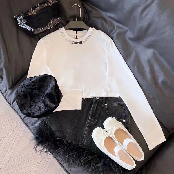 

fashion 2023 women cotton long sleeve t shirt woman letter print glitter rhinestones skinny o neck tees designer tshirt womens pullover shir, White