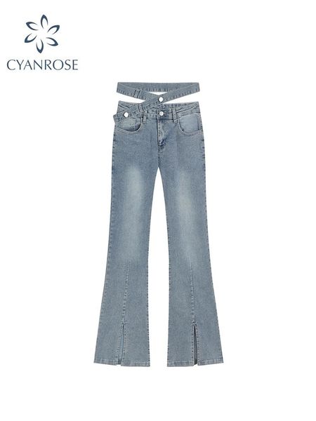 

jeans women's jeans high waist slim fit flare pants vintage female fashion harajuku streetwear stretchy split wide leg denim trousers, Blue