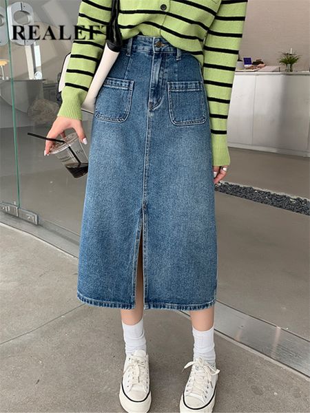 

skirts realeft pockets women's midi denim skirt front side split high wasit jeans skirts straight female pencil skirt summer 230417, Black