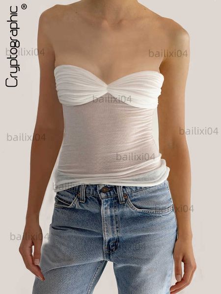

women's tanks camis cryptographic knit sheer strapless crop for women club party summer backless tube y2k ruched crop tank streetwear, White
