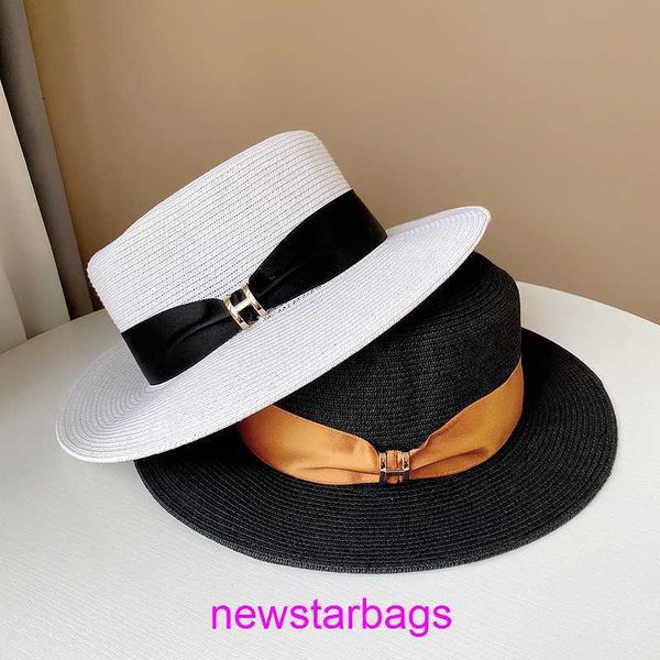 

original edition designer herms hat for sale korean version of h color woven ribbon flat straw hat women's summer internet red versatil, Blue;gray