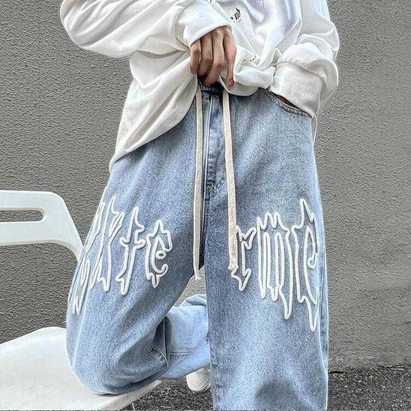 

men's jeans american style fried street summer high new wide leg drape straight pants trendy loose, Blue