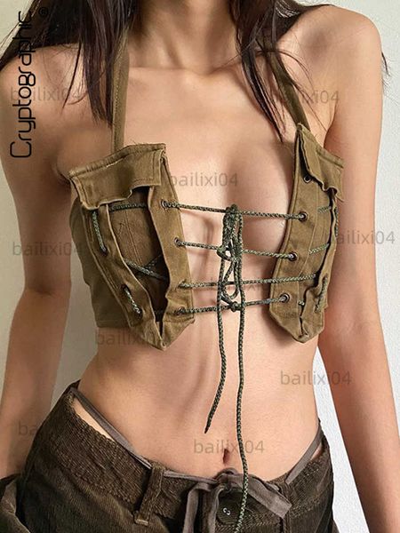 

women's tanks camis cryptographic vintage bandage lace up crop for women club party backless summer halter y2k streetwear clothes t23, White