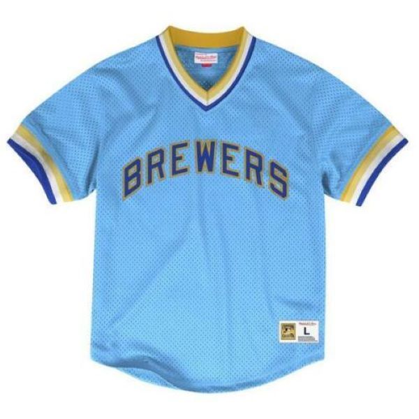

brewers mitchell ness milwaukee cooperstown mesh batting v-neck baseball jersey blue size s-4xl, Blue;black