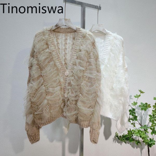 

sweaters tinomiswa streetwear loose casual cardigans women vneck long sleeve mesh patchwork sweaters fashion solid color knitted jumpers, White;black