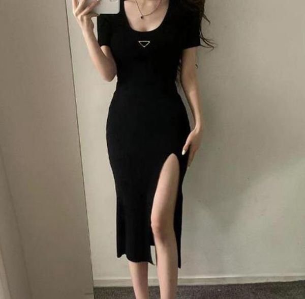 

New Woman Clothing Casual Dresses Short Sleeve Summer Womens Dress Slit Skirt Outwear Slim Style With Budge Designer Lady Sexy Dresses A003, 001