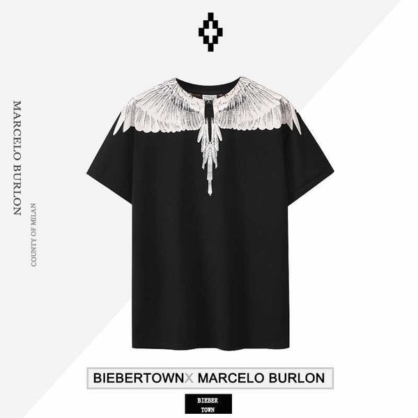 

designer marcelos burlons black and white wing short sleeve feather print t-shirt men's women's fashion uwca, White;black