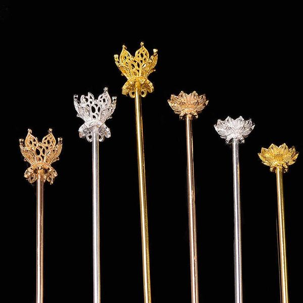 

hairpins vintage lotus flower long hairpin stick chinese style metal hair pins accessories women banquet hair jewelry w0417, Golden;silver