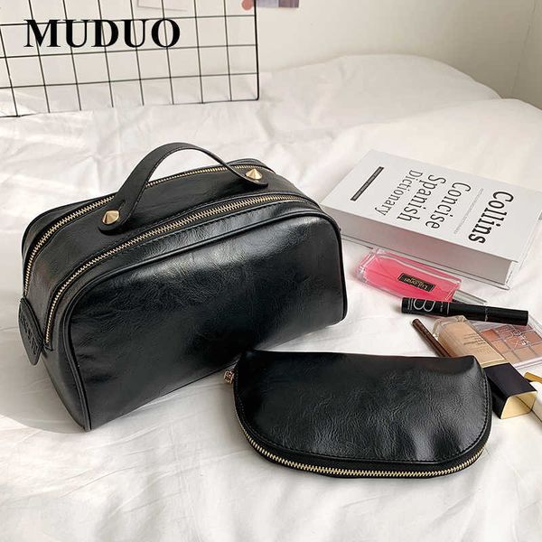 

cosmetic bags 2pcs set leather women large travel storage double zipper black toiletry designer makeup 230417