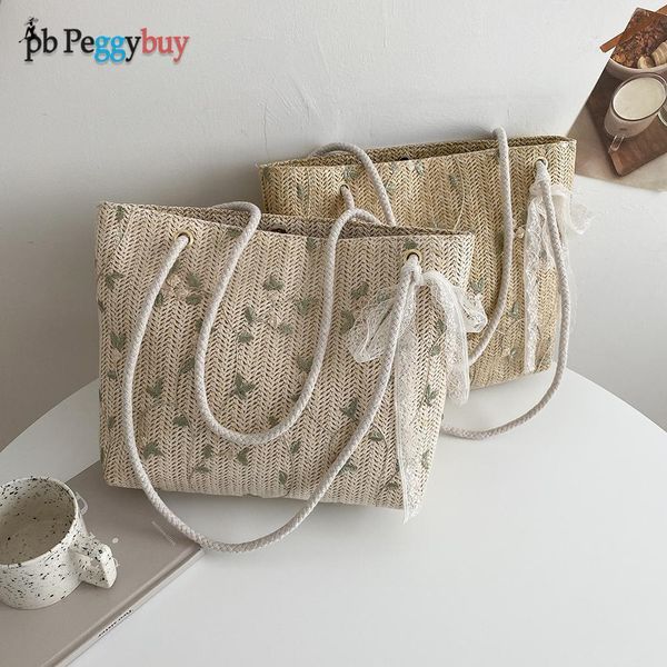 

evening bags fashion women large capacity tote pouch flower embroidery lace woven shoulder for ladies summer beach vacation 230417