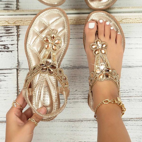 

slippers women rhinestone sandals slingback wedges elastic ankle strap bohemian beach metallic rhinestone decor thong sandals zapatos j23041, Black