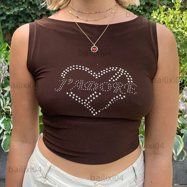 

women's tanks camis zoctuo heart-shape rhinestone women crop tanks o neck bodycon streetwear casual 2023 summer clothes fashion cute t2, White
