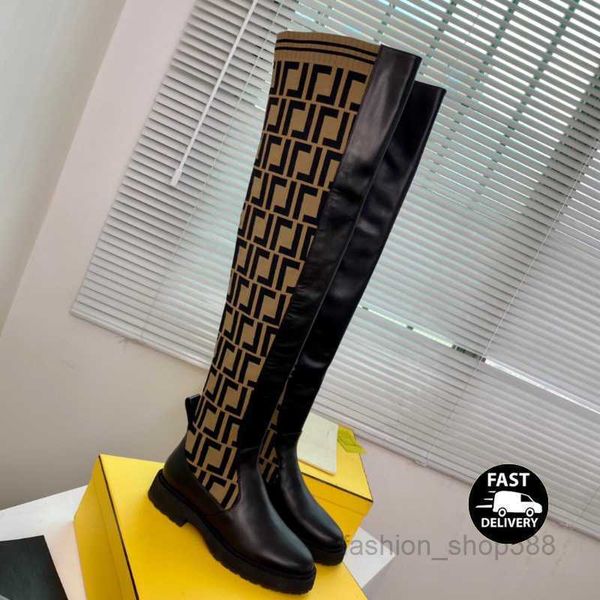 

zucca knitted sock-style flats tall boots rockoko -jacquard stretch fabric black leather over-knee- high boot for women luxury designer shoe