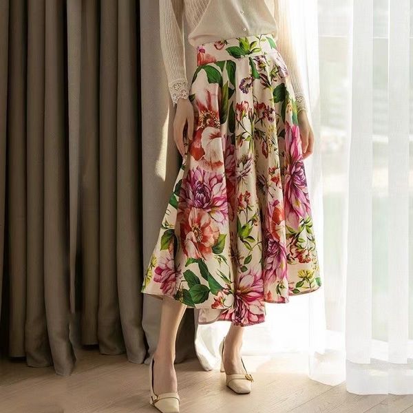 

skirts spring autumn audrey hepburn vintage retro fantasy purple flower floral print high waist pleated midi skirt saias 230417, Black