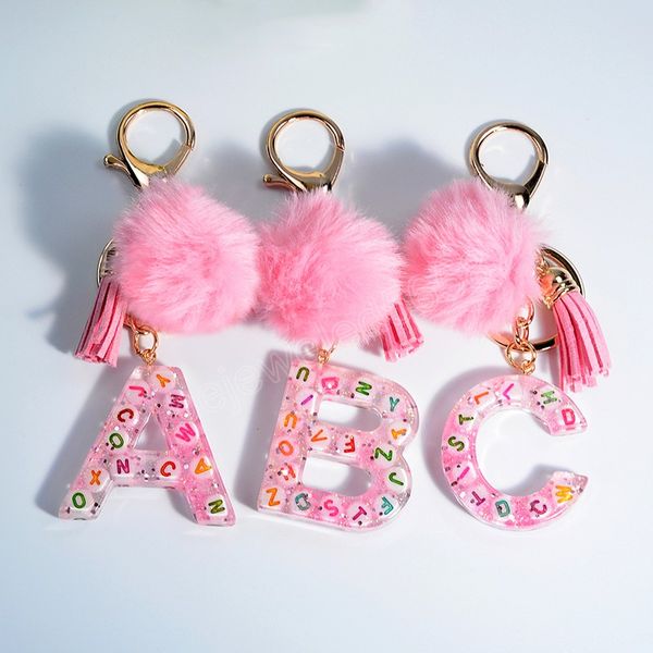 

kawaii pink pom pom letter keychain women purse bag keys charm acrylic a-z english alphabet keyrings with plush ball party gifts, Silver