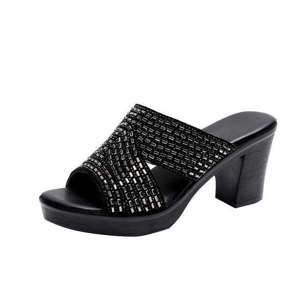 

slippers women's open toe slippers sequins decor platform ladylike sweet 2022 new summer high thick heel slippers j230417, Black