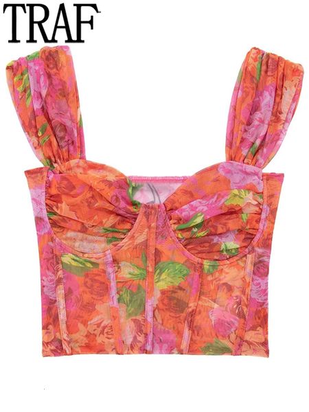 

women's tanks camis traf floral tulle corset mesh crop woman off shoulder bustier s y2k backless tank s for 230417, White