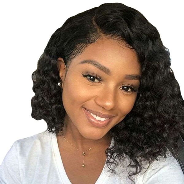 

ombre colored short kinky curly bob human hair lace wig for women loose deep wave glueless brazilian remy hair 99j wigs, Black;brown