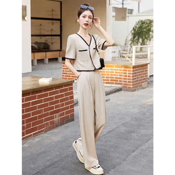 

fashion set women's 2023 summer new age reducing and slimming network red temperament small fragrance style suit wide leg pants two pie, Black;white