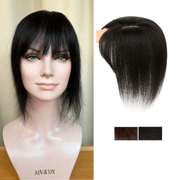 

100% human hair er toupee with bang for women. 5"x5" large base machine made hairpiece wiglet with realistic hand tied parting are, Black;brown