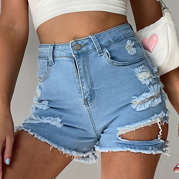 

2023ss european style denim shorts high waisted casual summer pants with holes and knee length for women beautiful hip curve, Blue
