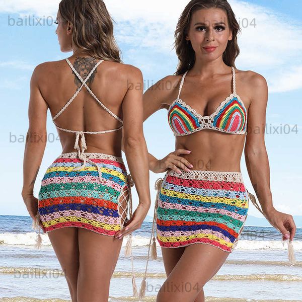

women's swimwear 3-piece set hand crochet mini tight fit bikini swim skirt beach women swimsuit bathing suit t230417, White;black