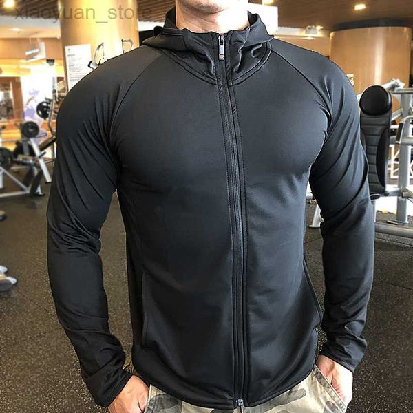 

men's jackets men's running training hoodies elastic breathable hooded zipper up quick drying man hooded training fitness sportwea, Black;brown