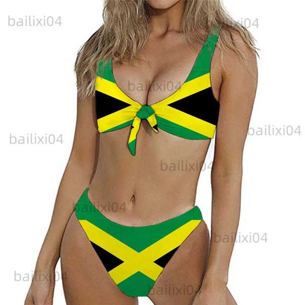 

women's swimwear 2022 fashion bikini set women swimsuits jamacian flag print brazilian two pieces bathing suit lace up female plus size, White;black