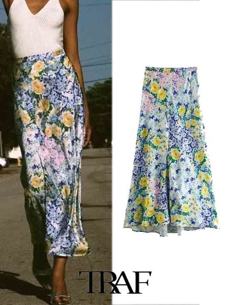 

skirts traf women fashion design floral printed silk satin drape midi skirt female side waist zipper skirts mujer 230417, Black