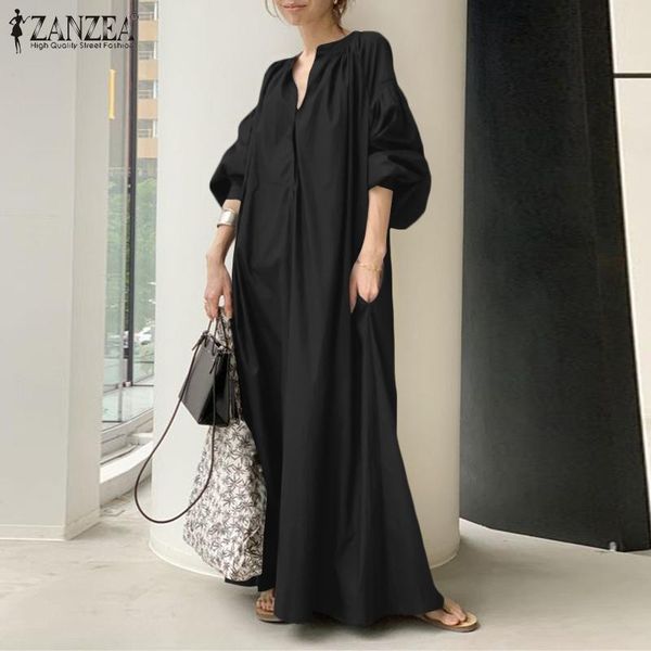 

dresses autumn sundress zanzea fashion women lantern sleeve maxi long dress oversized dresses spring v neck solid loose party vestidos, Black;gray