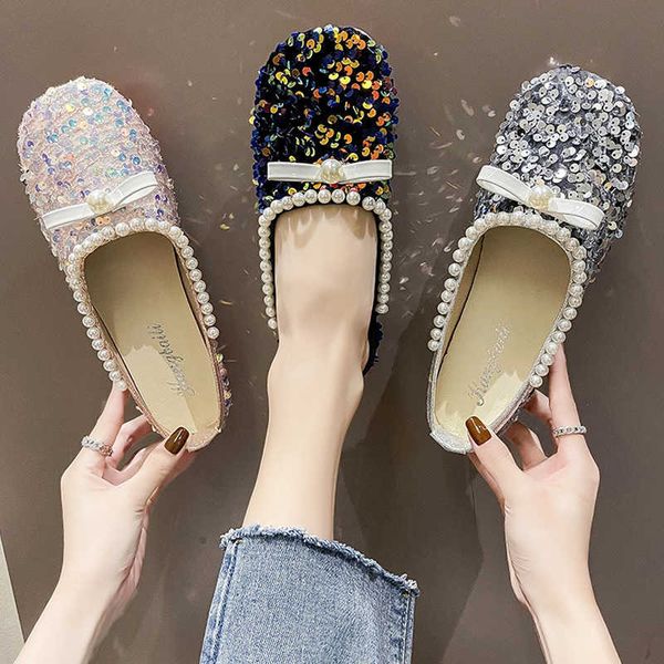 

slippers sequined pearl slippers 2023 new summer women soft bottom slippers girls bling half covered slides muller shoes flipflops 3540 j230, Black
