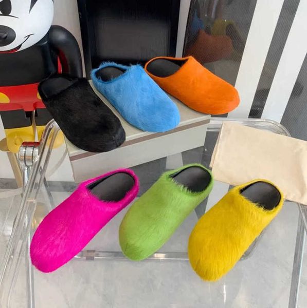 

fashion fur slippers women men round toe marn horse hair slides female black rose red green mules shoes flat half slipper woman casual plush