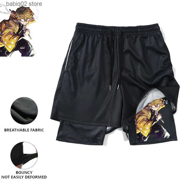 

men's shorts anime demon slayer gym shorts 2 in 1 summer runing workout male breathable mesh zenitsu sportswear jogger sports shorts me, White;black