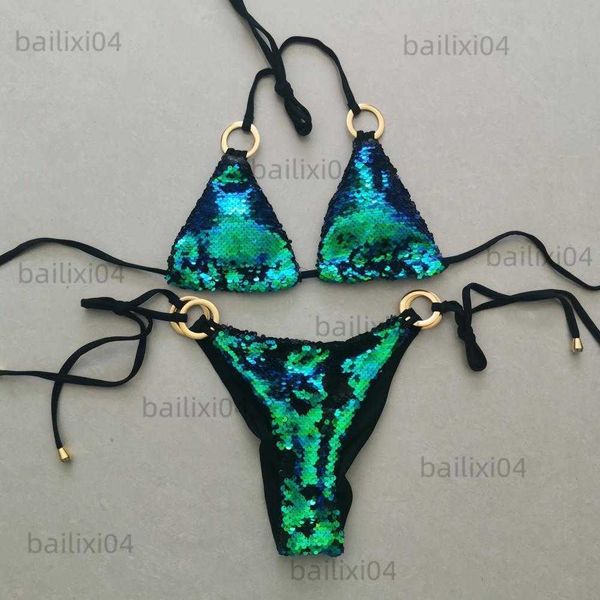 

women's swimwear quick dry 2 pcs/set fabulous sequin halter neck summer swimsuit thong summer bikini set breathable material bathers t2, White;black