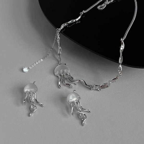 

pendant necklaces fashion design floating jellyfish matte crystal earring necklace set creativity personality female acaleph stud earrings j, Silver