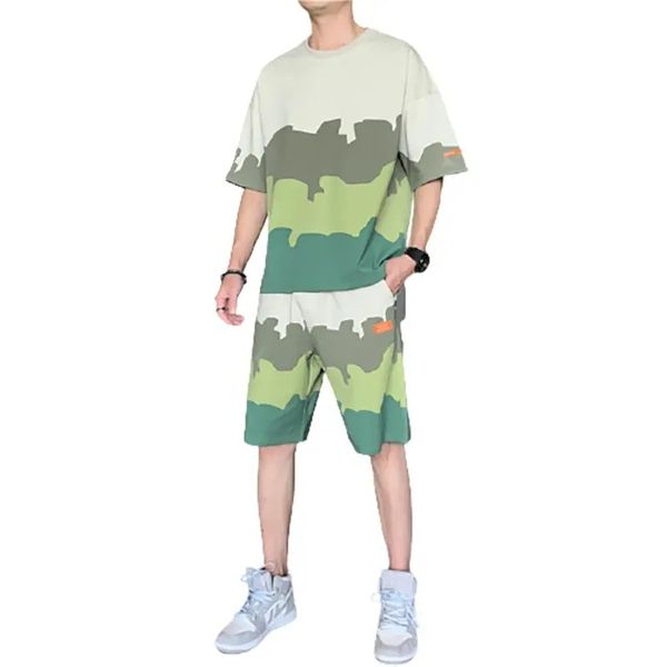 

summer men's tracksuits short-sleeved t-shirt casual large size men's fashion print two-piece men's short suit, Gray