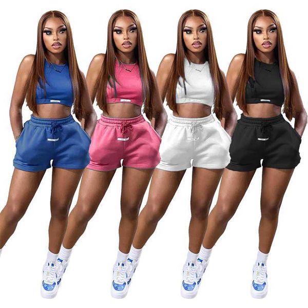 

women clothing designer tracksuit exposed navel outfits 2023 new summer casual fashion solid color label two-piece set 4 colors, Gray